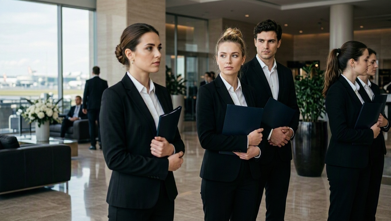 Fotografía editorial de aspirantes a tripulantes de cabina esperando de pie con carpetas de documentos y vestimenta formal en el vestíbulo de un hotel de conferencias cercano al aeropuerto.