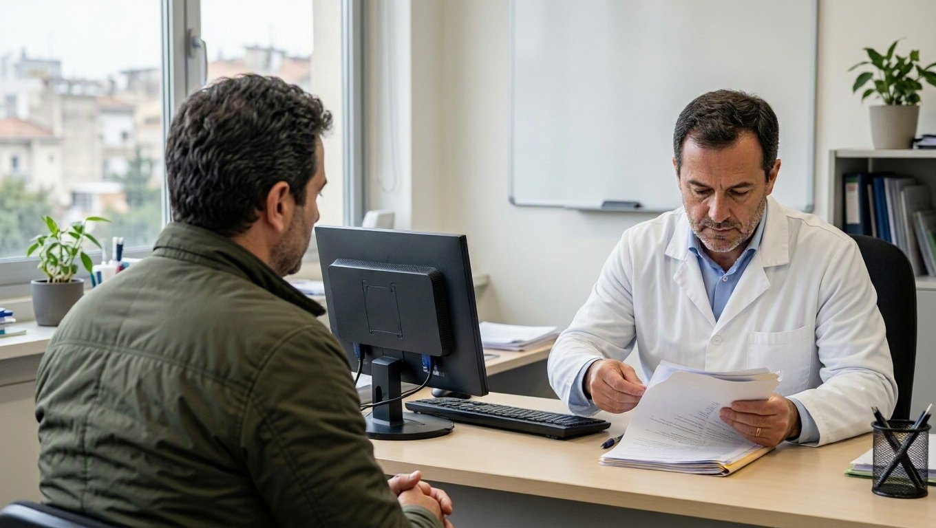 Un delegado sindical revisa junto a un trabajador de baja los papeles de una resolucion medica del INSS en una oficina administrativa
