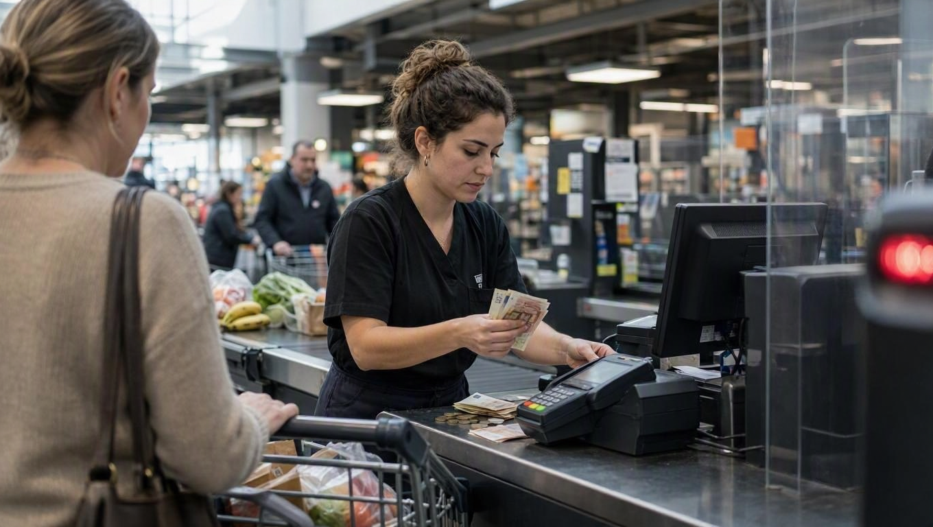 Fotografía editorial de la línea de cajas de una gran superficie comercial donde una cajera atiende a clientes junto a un terminal de cobro con dinero en efectivo sobre el mostrador.