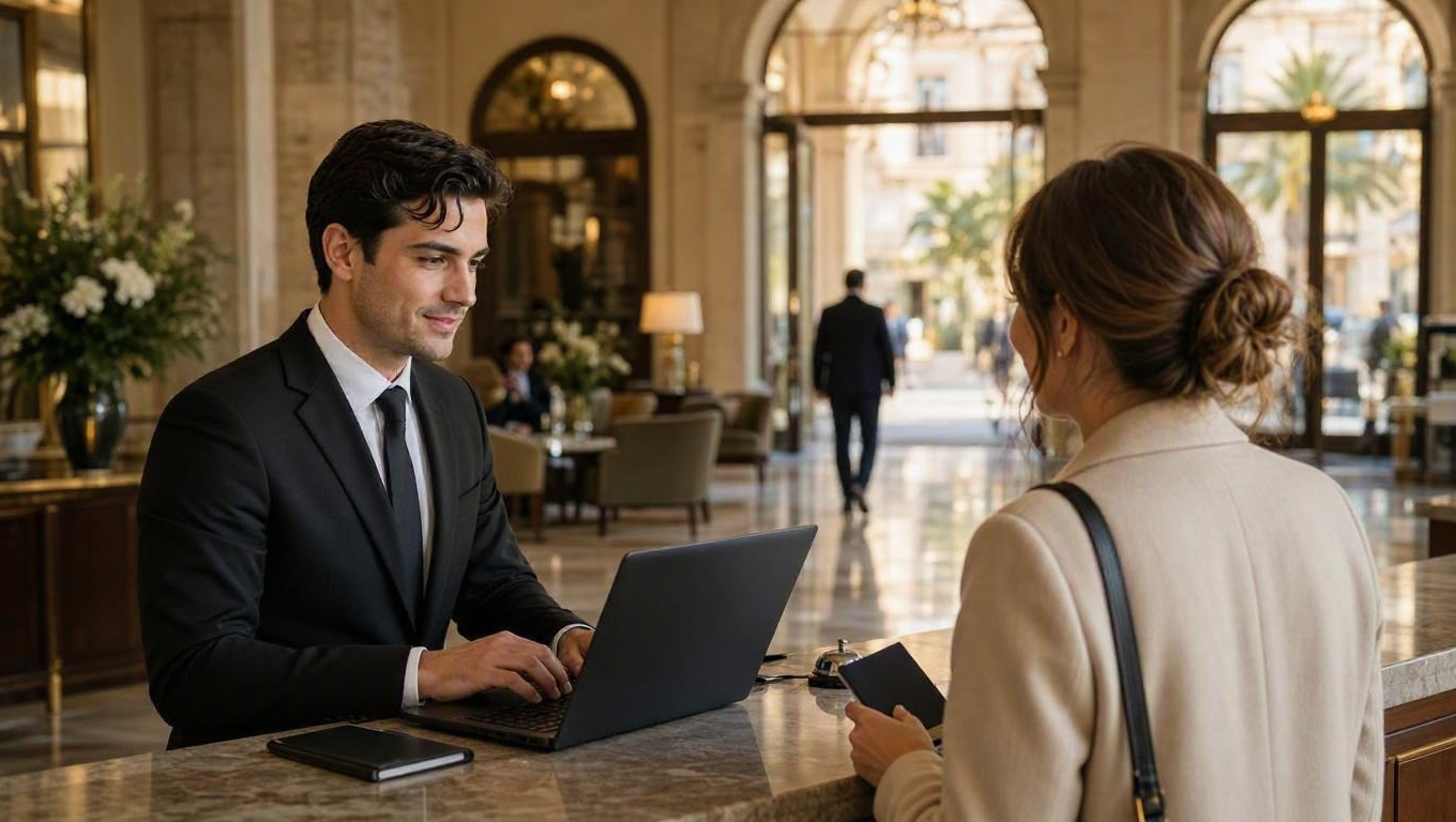 Un empleado de recepción atiende a un cliente en el mostrador del vestíbulo de un hotel elegante, con un fondo desenfocado de la entrada.
